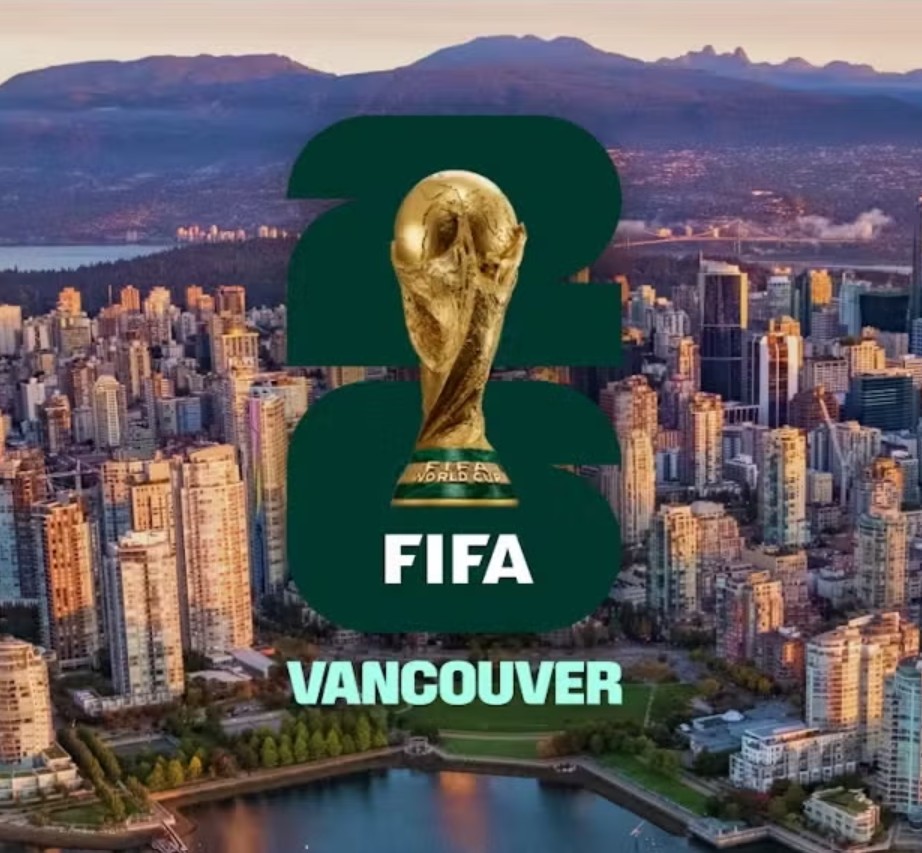 FIFA World Cup 2026 Vancouver — skyline with official tournament branding and trophy